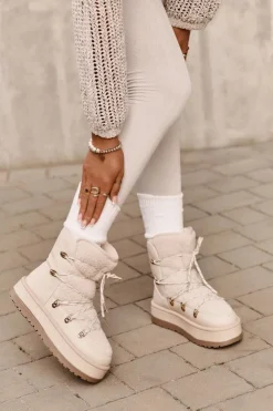 Boto Śniegowce Damskie*Śniegowce Damskie Na Platformie Z Wiązaniem Jasnobeżowe Riaviana Beżowy