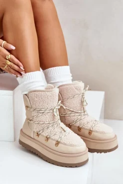 Boto Śniegowce Damskie*Śniegowce Damskie Na Platformie Z Wiązaniem Jasnobeżowe Riaviana Beżowy