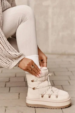 Boto Śniegowce Damskie*Śniegowce Damskie Na Platformie Z Wiązaniem Jasnobeżowe Riaviana Beżowy