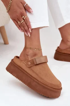 Boto Śniegowce Damskie|Kapcie Klasyczne*Śniegowce Damskie Na Platformie Z Rzepem Camel Jorielle Brązowy