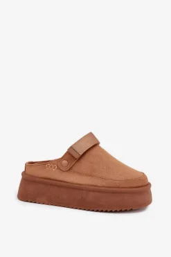 Boto Śniegowce Damskie|Kapcie Klasyczne*Śniegowce Damskie Na Platformie Z Rzepem Camel Jorielle Brązowy