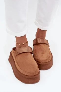 Boto Śniegowce Damskie|Kapcie Klasyczne*Śniegowce Damskie Na Platformie Z Rzepem Camel Jorielle Brązowy