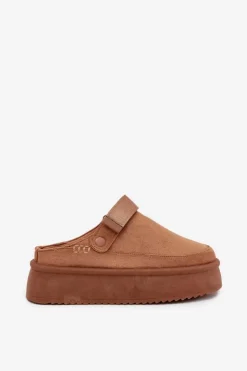 Boto Śniegowce Damskie|Kapcie Klasyczne*Śniegowce Damskie Na Platformie Z Rzepem Camel Jorielle Brązowy