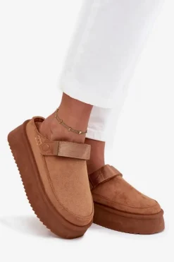 Boto Śniegowce Damskie|Kapcie Klasyczne*Śniegowce Damskie Na Platformie Z Rzepem Camel Jorielle Brązowy