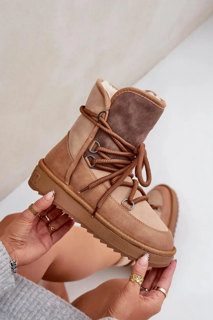 Clearance D.Franklin Śniegowce Damskie Na Platformie Z Wiązaniem DFSH370013 Camel