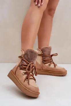 Clearance D.Franklin Śniegowce Damskie Na Platformie Z Wiązaniem DFSH370013 Camel