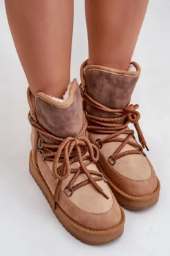 Clearance D.Franklin Śniegowce Damskie Na Platformie Z Wiązaniem DFSH370013 Camel