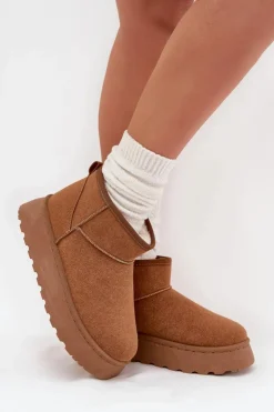 Boto Śniegowce Damskie*Śniegowce Damskie Na Platformie Ocieplane Futerkiem Camel Vesirae Brązowy