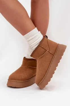 Boto Śniegowce Damskie*Śniegowce Damskie Na Platformie Ocieplane Futerkiem Camel Vesirae Brązowy