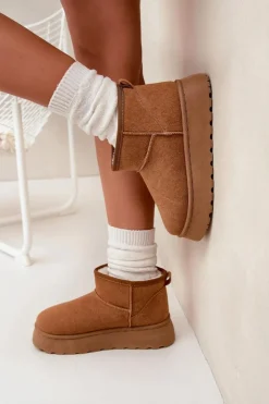 Boto Śniegowce Damskie*Śniegowce Damskie Na Platformie Ocieplane Futerkiem Camel Vesirae Brązowy