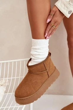 Boto Śniegowce Damskie*Śniegowce Damskie Na Platformie Ocieplane Futerkiem Camel Vesirae Brązowy