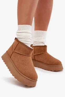 Boto Śniegowce Damskie*Śniegowce Damskie Na Platformie Ocieplane Futerkiem Camel Vesirae Brązowy