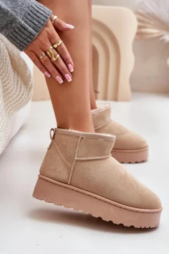 Boto Śniegowce Damskie Na Platformie Ocieplane Futerkiem Beżowe Xamella Beżowy