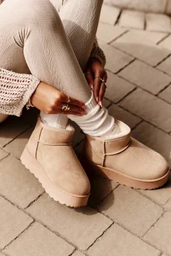 Boto Śniegowce Damskie Na Platformie Ocieplane Futerkiem Beżowe Xamella Beżowy