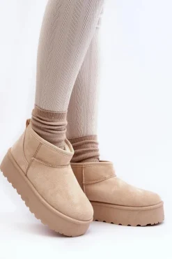 Boto Śniegowce Damskie*Śniegowce Damskie Na Platformie Jasnobeżowe Mennja