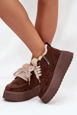Boto Śniegowce Damskie*Śniegowce Damskie Na Platformie Z Futerkiem Typu Baranek Brązowe Luma