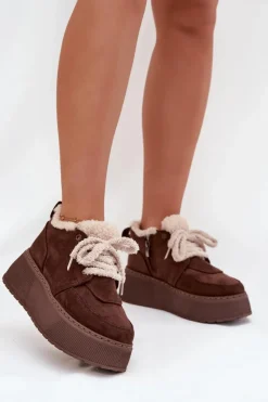 Boto Śniegowce Damskie*Śniegowce Damskie Na Platformie Z Futerkiem Typu Baranek Brązowe Luma