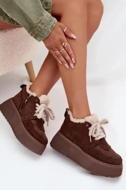 Boto Śniegowce Damskie*Śniegowce Damskie Na Platformie Z Futerkiem Typu Baranek Brązowe Luma