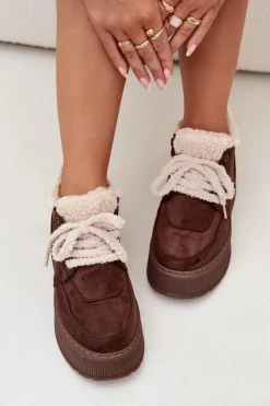 Boto Śniegowce Damskie*Śniegowce Damskie Na Platformie Z Futerkiem Typu Baranek Brązowe Luma