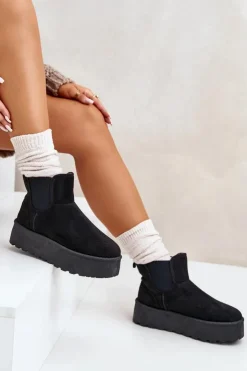 Outlet Boto Śniegowce Damskie Na Platformie Z Elastycznymi Wstawkami Czarne Rialine
