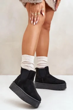 Outlet Boto Śniegowce Damskie Na Platformie Z Elastycznymi Wstawkami Czarne Rialine