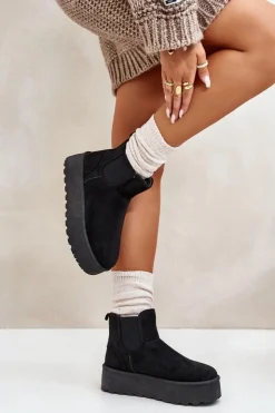 Outlet Boto Śniegowce Damskie Na Platformie Z Elastycznymi Wstawkami Czarne Rialine