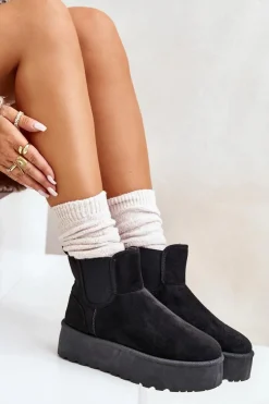 Outlet Boto Śniegowce Damskie Na Platformie Z Elastycznymi Wstawkami Czarne Rialine