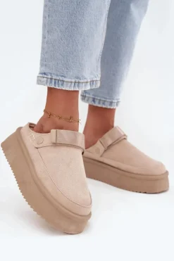 Damskie Boto Śniegowce Damskie Na Platformie Z Rzepem Jasnobeżowe Jorielle