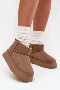 Boto Śniegowce Damskie*Śniegowce Damskie Na Platformie Ocieplane Futerkiem Khaki Vesirae Brązowy