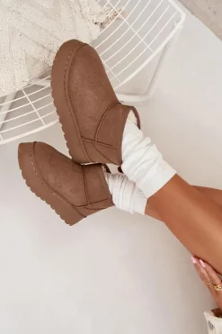 Boto Śniegowce Damskie*Śniegowce Damskie Na Platformie Ocieplane Futerkiem Khaki Vesirae Brązowy