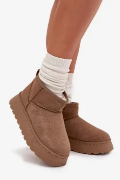 Boto Śniegowce Damskie*Śniegowce Damskie Na Platformie Ocieplane Futerkiem Khaki Vesirae Brązowy