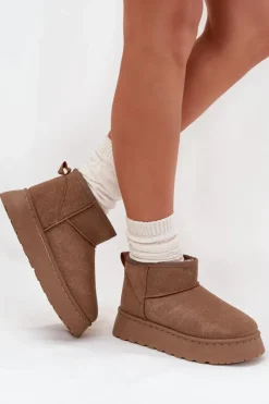 Boto Śniegowce Damskie*Śniegowce Damskie Na Platformie Ocieplane Futerkiem Khaki Vesirae Brązowy