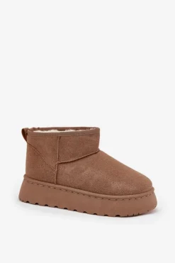 Boto Śniegowce Damskie*Śniegowce Damskie Na Platformie Ocieplane Futerkiem Khaki Vesirae Brązowy