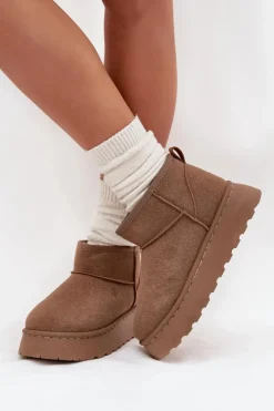 Boto Śniegowce Damskie*Śniegowce Damskie Na Platformie Ocieplane Futerkiem Khaki Vesirae Brązowy