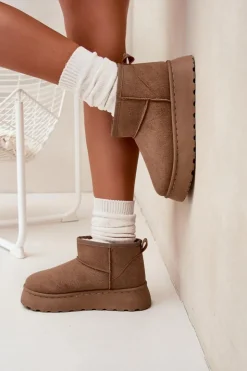 Boto Śniegowce Damskie*Śniegowce Damskie Na Platformie Ocieplane Futerkiem Khaki Vesirae Brązowy