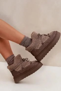 Outlet Big Star Shoes Śniegowce Damskie Na Platformie Z Futerkiem Typu Baranek Big Star SS274112 Brązowe Brązowy