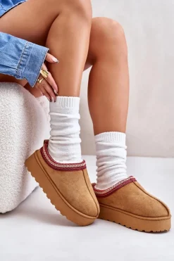 New Boto Śniegowce Damskie Na Platformie Ocieplane Futerkiem Camel Remenia