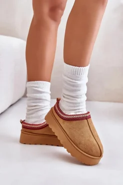 New Boto Śniegowce Damskie Na Platformie Ocieplane Futerkiem Camel Remenia