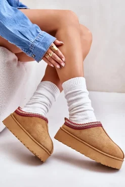 New Boto Śniegowce Damskie Na Platformie Ocieplane Futerkiem Camel Remenia