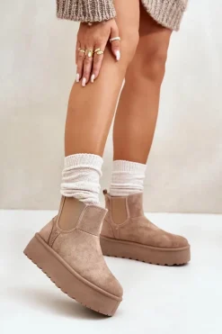 Hot Boto Śniegowce Damskie Na Platformie Z Elastycznymi Wstawkami Ciemnobeżowe Rialine