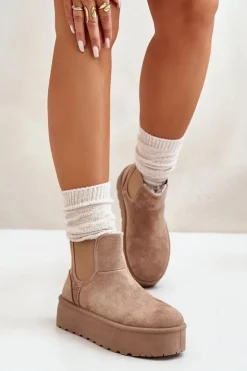 Hot Boto Śniegowce Damskie Na Platformie Z Elastycznymi Wstawkami Ciemnobeżowe Rialine