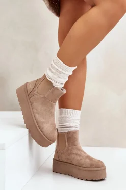 Hot Boto Śniegowce Damskie Na Platformie Z Elastycznymi Wstawkami Ciemnobeżowe Rialine