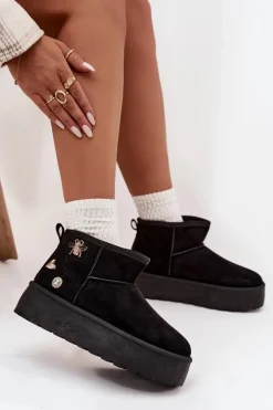 Boto Śniegowce Damskie*Śniegowce Damskie Na Platformie Z Przypinkami Czarne Maelle Czarny
