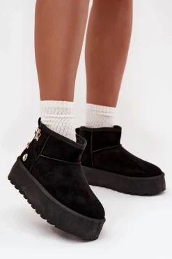 Boto Śniegowce Damskie*Śniegowce Damskie Na Platformie Z Przypinkami Czarne Maelle Czarny