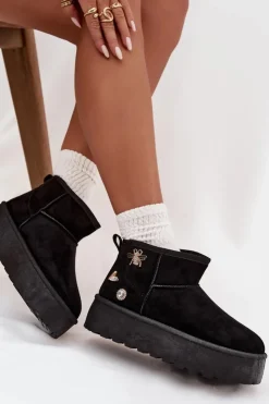 Boto Śniegowce Damskie*Śniegowce Damskie Na Platformie Z Przypinkami Czarne Maelle Czarny
