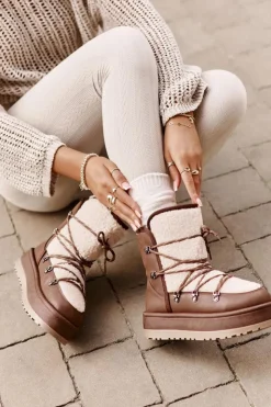 Boto Śniegowce Damskie*Śniegowce Damskie Na Platformie Z Wiązaniem Brązowe Riaviana