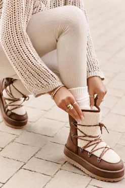 Boto Śniegowce Damskie*Śniegowce Damskie Na Platformie Z Wiązaniem Brązowe Riaviana