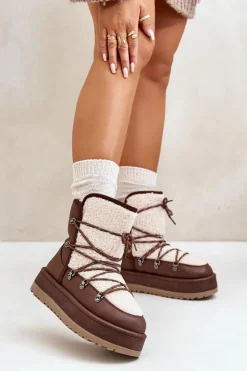 Boto Śniegowce Damskie*Śniegowce Damskie Na Platformie Z Wiązaniem Brązowe Riaviana