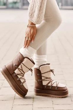 Boto Śniegowce Damskie*Śniegowce Damskie Na Platformie Z Wiązaniem Brązowe Riaviana