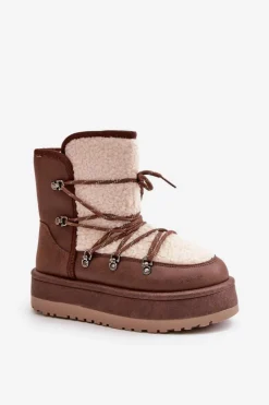 Boto Śniegowce Damskie*Śniegowce Damskie Na Platformie Z Wiązaniem Brązowe Riaviana